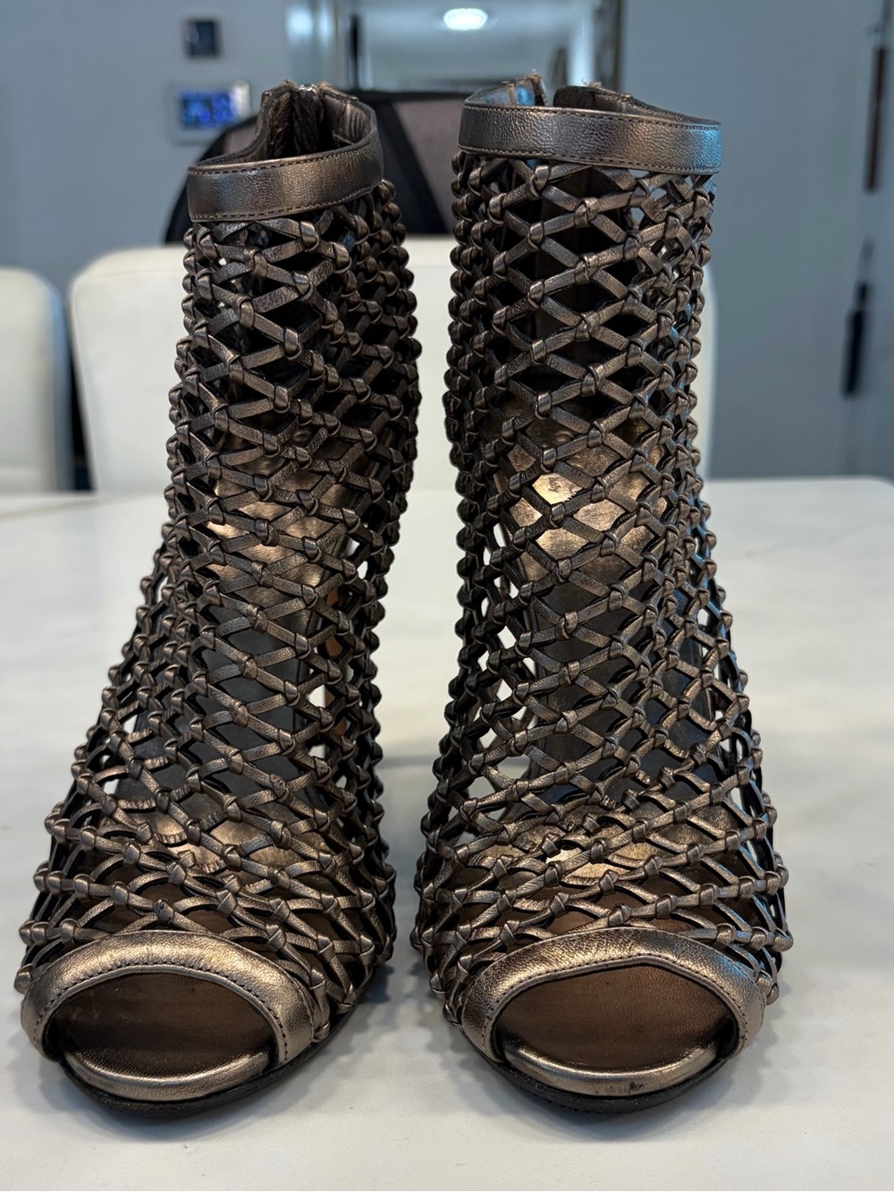 Gucci Metallic Bronze Woven Peep-Toe Ankle Boots